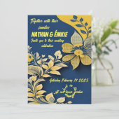 Elegante gele en blauwe huwelijksuitnodiging kaart (Staand voorkant)