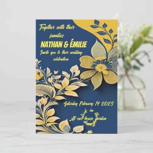 Elegante gele en blauwe huwelijksuitnodiging kaart (Staand voorkant)