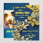 Elegante gele en blauwe huwelijksuitnodiging kaart (Voorkant / Achterkant)