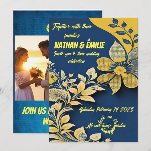 Elegante gele en blauwe huwelijksuitnodiging kaart (Voorkant / Achterkant)