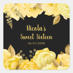Elegante Gele en Gouden Bloemen Sweet Sixteen Vierkante Sticker