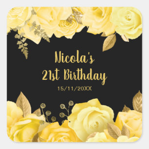 Elegante Gele en Gouden Bloemen Verjaardagsfeestje Vierkante Sticker