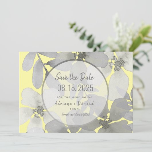 Elegante gele en grijze bruiloft save the date (Staand voorkant)