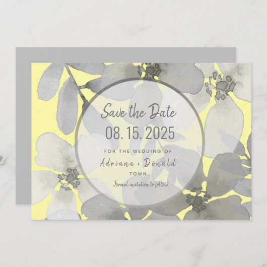Elegante gele en grijze bruiloft save the date (Voorkant / Achterkant)