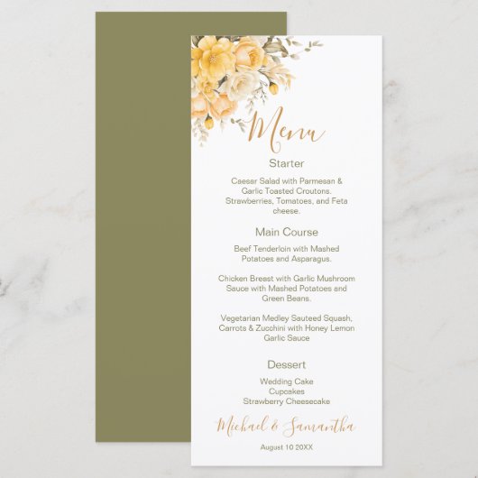 Elegante Gele en Ivoorwitte Rozen Bruiloft Menu (Voorkant / Achterkant)