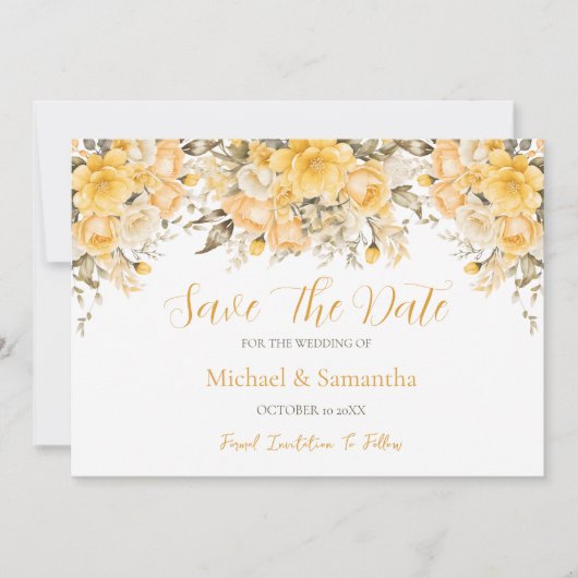 Elegante Gele en Ivoren Rozen Bruiloft Save The Date (Voorkant)