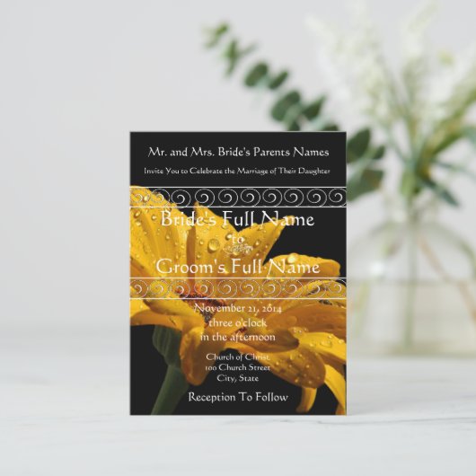 Elegante gele Gerber Daisy bruiloft uitnodiging (Staand voorkant)