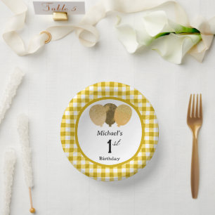 Elegante Gele Gingham & Ballonnen 1e Verjaardag Papieren Kommen