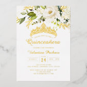 Elegante gele gouden witte Quinceanera  Folie Uitnodiging (Voorkant)