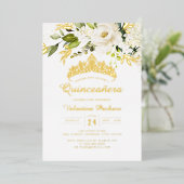 Elegante gele gouden witte Quinceanera  Folie Uitnodiging (Staand Voorkant)