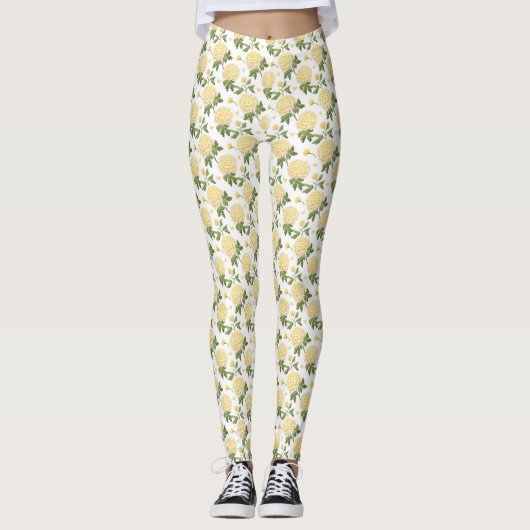 Elegante Gele Hydrangea Bloem Vlinders Patroon Leggings (Voorkant)