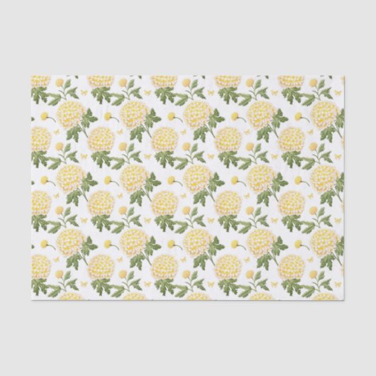 Elegante Gele Hydrangea Bloem Vlinders Patroon Tissuepapier (Voorkant)