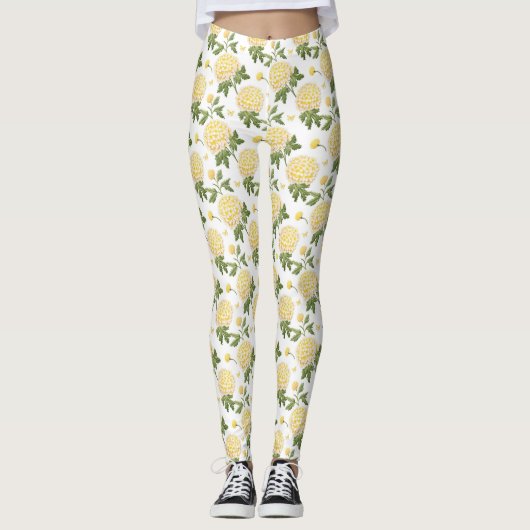 Elegante Gele Hydrangea Bloemvlinder Patroon Leggings (Voorkant)