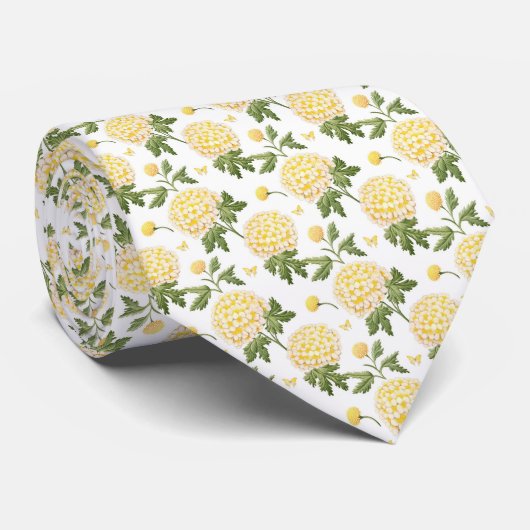 Elegante Gele Hydrangea Bloemvlinder Patroon Stropdas (Opgerold)