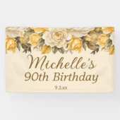 Elegante Gele Ivoorcrème Bloemen 90ste Verjaardag Spandoek (Horizontaal)