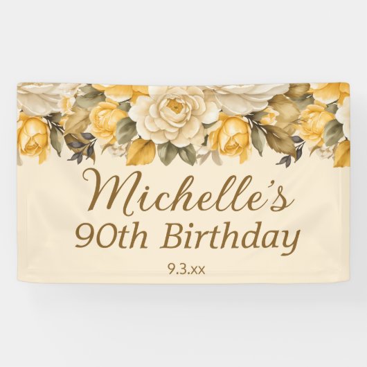 Elegante Gele Ivoorcrème Bloemen 90ste Verjaardag Spandoek (Horizontaal)