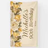 Elegante Gele Ivoorcrème Bloemen 90ste Verjaardag Spandoek (Verticaal)