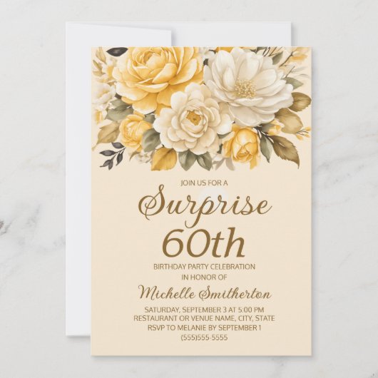 Elegante gele ivoorcrème Floral Surprise 60th Kaart (Voorkant)