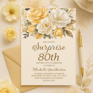 Elegante gele ivoorcrème Floral Surprise 80th Kaart