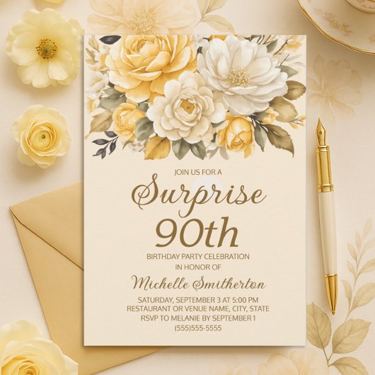 Elegante gele ivoorcrème Floral Surprise 90th Kaart