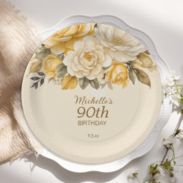 Elegante gele ivoorcrème Floral Surprise 90th Papieren Bordje