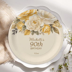 Elegante gele ivoorcrème Floral Surprise 90th Papieren Bordje