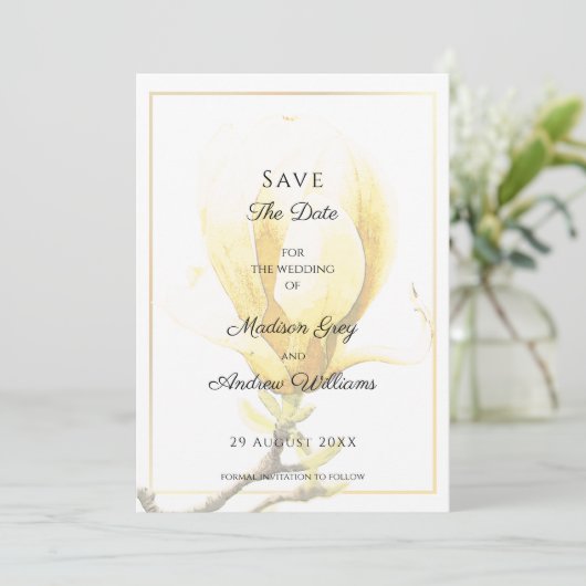 Elegante Gele Magnolia Save the Date Uitnodiging (Staand voorkant)