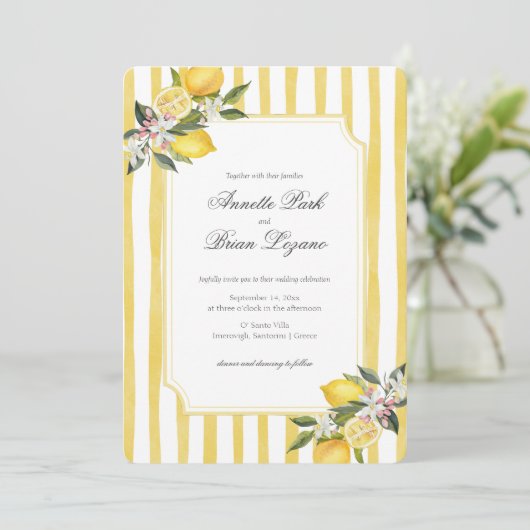 Elegante gele mediterrane citroen bruiloft feestdagenkaart (Staand voorkant)