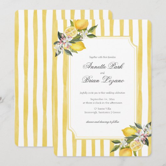 Elegante gele mediterrane citroen bruiloft feestdagenkaart (Voorkant / Achterkant)