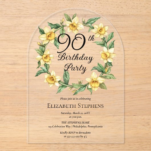 Elegante gele narcissen bloem 90e verjaardag acryl uitnodigingen (Voorkant)