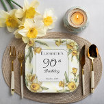Elegante gele narcissen bloem 90e verjaardag papieren bordje<br><div class="desc">Elegant geel narcissen bloemenontwerp "90th Birthday" ontwerp met een bloemenvierkant lijst narcissen rond een wit en groen lijst op een verontrustende geel-witte achtergrond.</div>