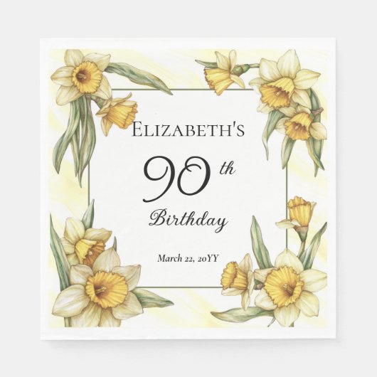 Elegante gele narcissen bloem 90e verjaardag servet (Voorkant)