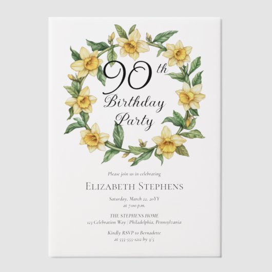 Elegante gele narcissen bloem 90e verjaardag vellum uitnodigingen (Voorkant)