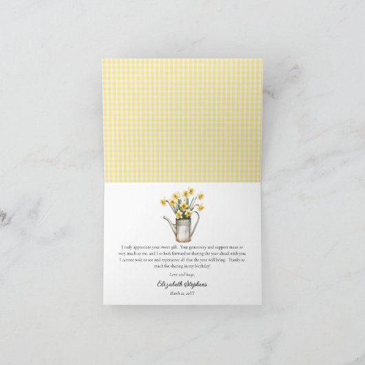 Elegante gele narcissen bloem waterkan verjaardag bedankkaart (Binnen)
