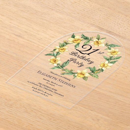 Elegante gele narcissen Bloemen 21e verjaardag Acryl Uitnodigingen (Laagn)