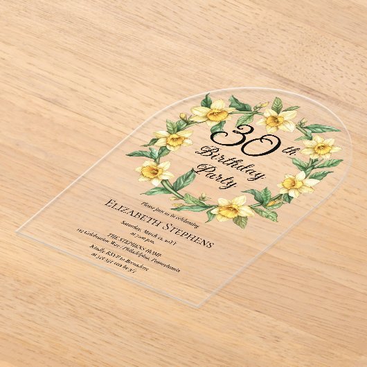 Elegante gele narcissen Bloemen 30e verjaardag Acryl Uitnodigingen (Laagn)