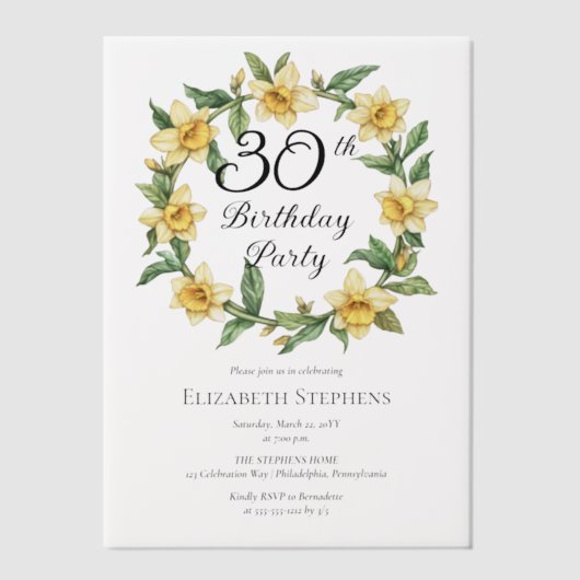 Elegante gele narcissen Bloemen 30e verjaardag Vellum Uitnodigingen (Voorkant)