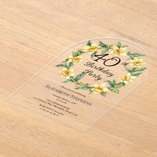 Elegante gele narcissen Bloemen 40e verjaardag Acryl Uitnodigingen (Laagn)