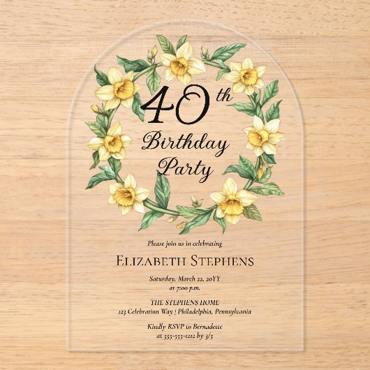 Elegante gele narcissen Bloemen 40e verjaardag Acryl Uitnodigingen (Voorkant)