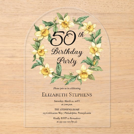 Elegante gele narcissen Bloemen 50ste verjaardag Acryl Uitnodigingen (Voorkant)