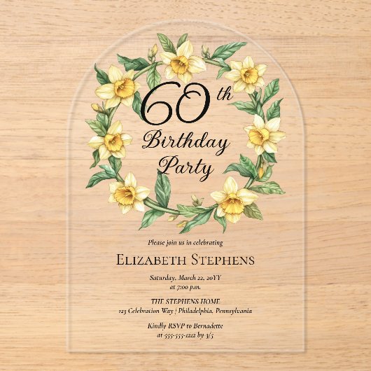 Elegante gele narcissen Bloemen 60e verjaardag Acryl Uitnodigingen (Voorkant)