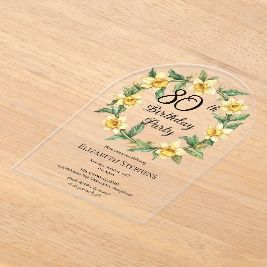 Elegante gele narcissen Bloemen 80ste verjaardag Acryl Uitnodigingen (Laagn)
