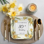 Elegante gele narcissen Bloemen 80ste verjaardag Papieren Bordje<br><div class="desc">Elegant geel narcissen bloemenontwerp "80th Birthday" ontwerp met een bloemenvierkant lijst narcissen rond een wit en groen lijst op een verontrustende geel-witte achtergrond.</div>