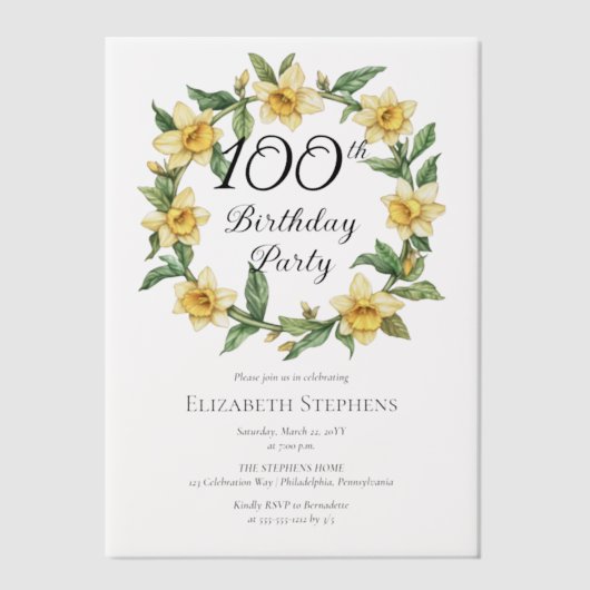 Elegante Gele Narcissen Bloemstuk 100ste Verjaarda Vellum Uitnodigingen (Voorkant)