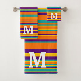 Elegante gele paarse en oranje strepen monogram bad handdoek