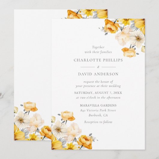 Elegante gele perzik ivoor bloemenbruiloft kaart (Voorkant / Achterkant)
