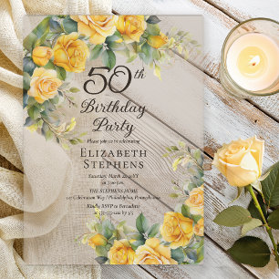 Elegante Gele Roos 50e Verjaardagsfeest Acryl Uitnodigingen