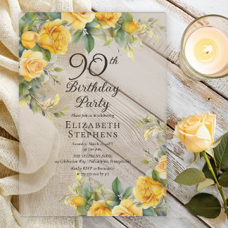Elegante Gele Roos 90e Verjaardagsfeest Uitnodigin Acryl Uitnodigingen