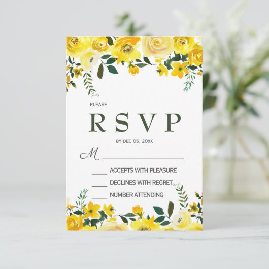 Elegante, gele roos bloemenbruiloft RSVP-kaart RSVP Kaartje (Staand voorkant)