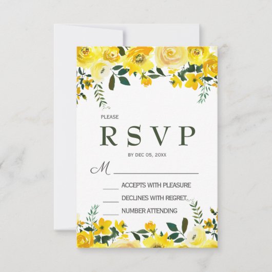 Elegante, gele roos bloemige trouw-RSVP kaart (Voorkant)
